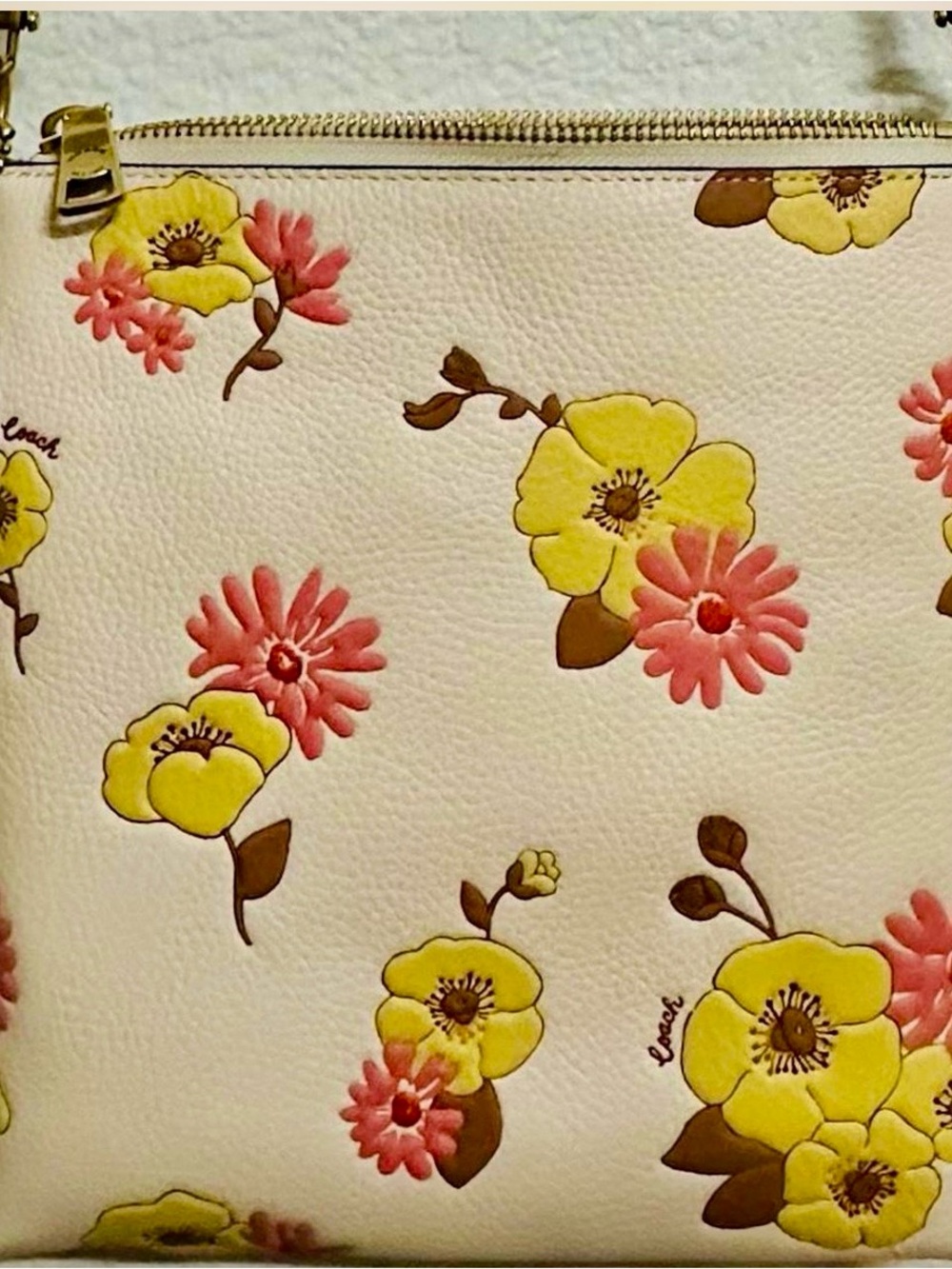 Coach Cream Leather Crossbody with Yellow & Pink Floral Print